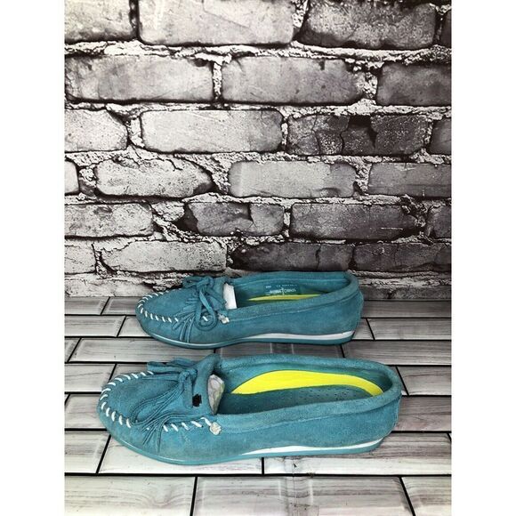 Minnetonka Kilty Turquoise Suede Leather Moccasins Driving Shoes Women Sz 7.5M - Picture 10 of 16